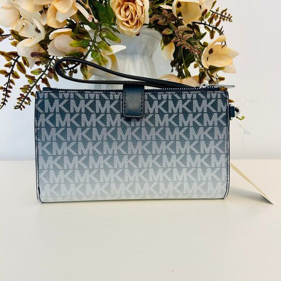 Michael Kors Double Zip Wallet Jet Set Large Ombré Signature Logo Wristlet Navy - Picture 2 of 4